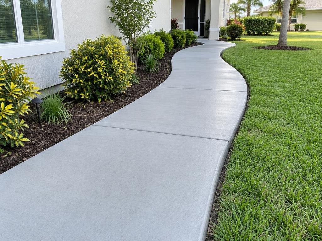 Illustrative concrete walkway bordered by a freshly maintained garden