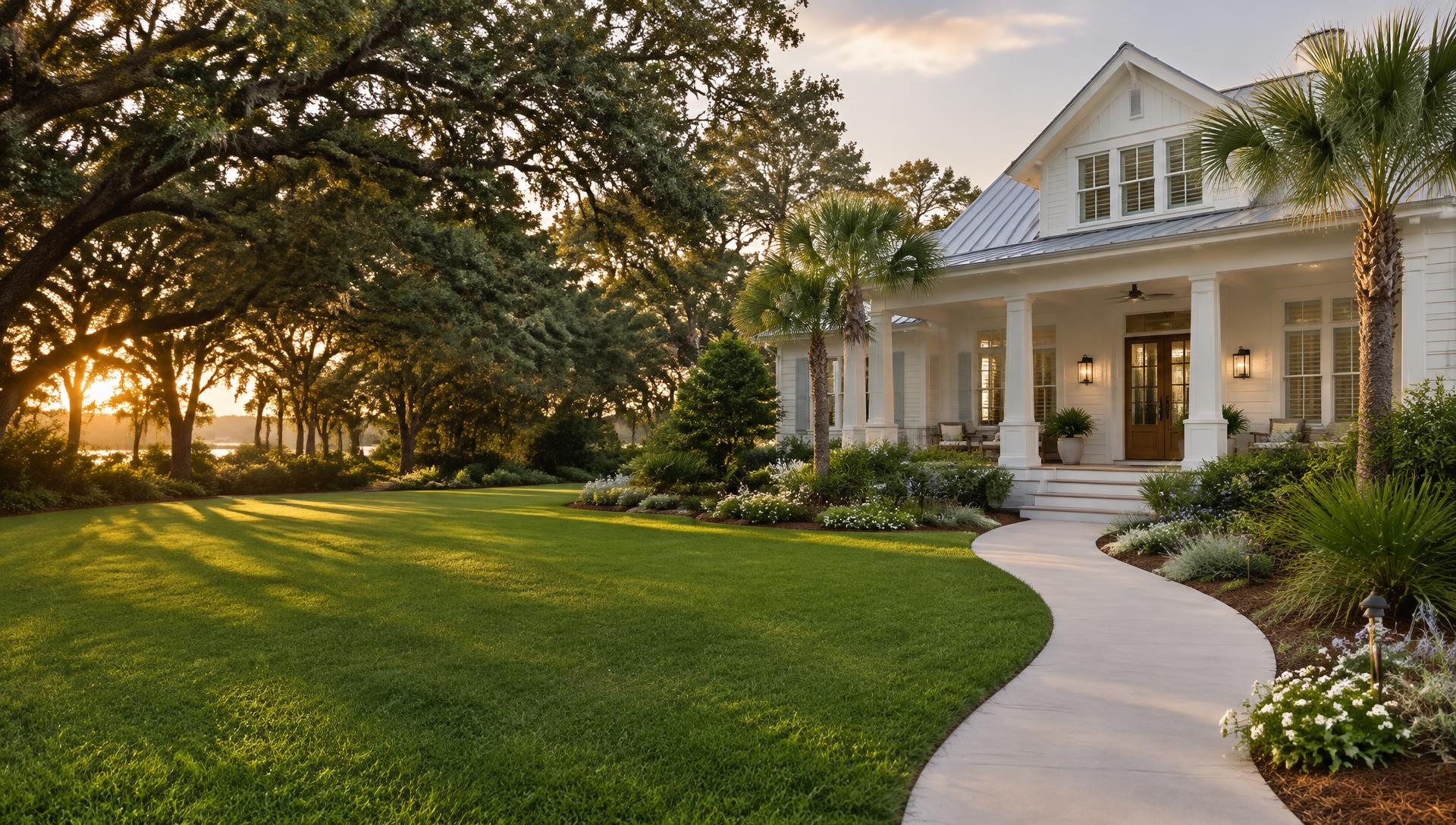 Beautifully landscaped coastal-style home with a green lawn, native plantings and a curved walkway at sunset